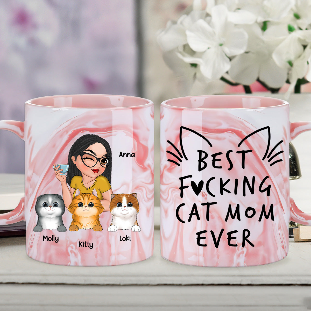 Custom Christmas & Birthday Keepsake Gift • Best Cat Mom Ever - Personalized Pink Marble Mug