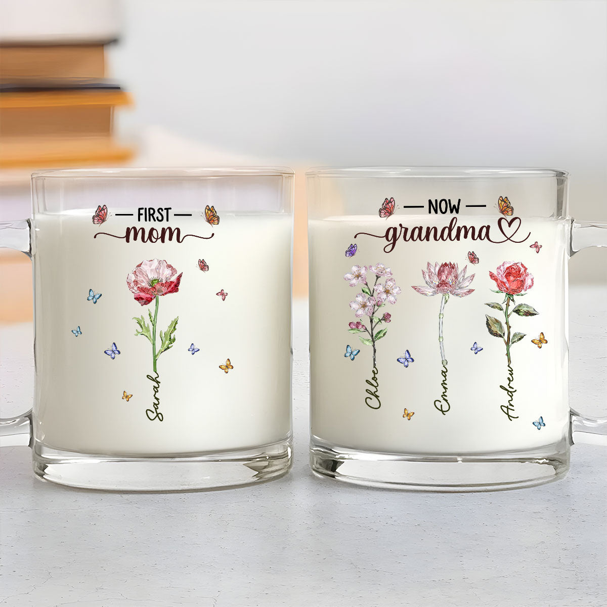 Custom Mother's Day Gift for Mom & Grandma • Grandma Glass Flower - Personalized Glass Mug