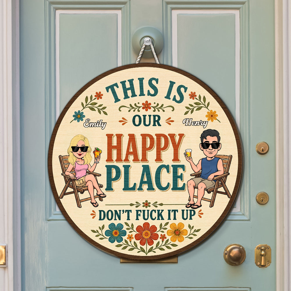 Custom Family Summer Backyard, Patio & Porch Decor • This Is Our Happy Place - Personalized Wood Sign
