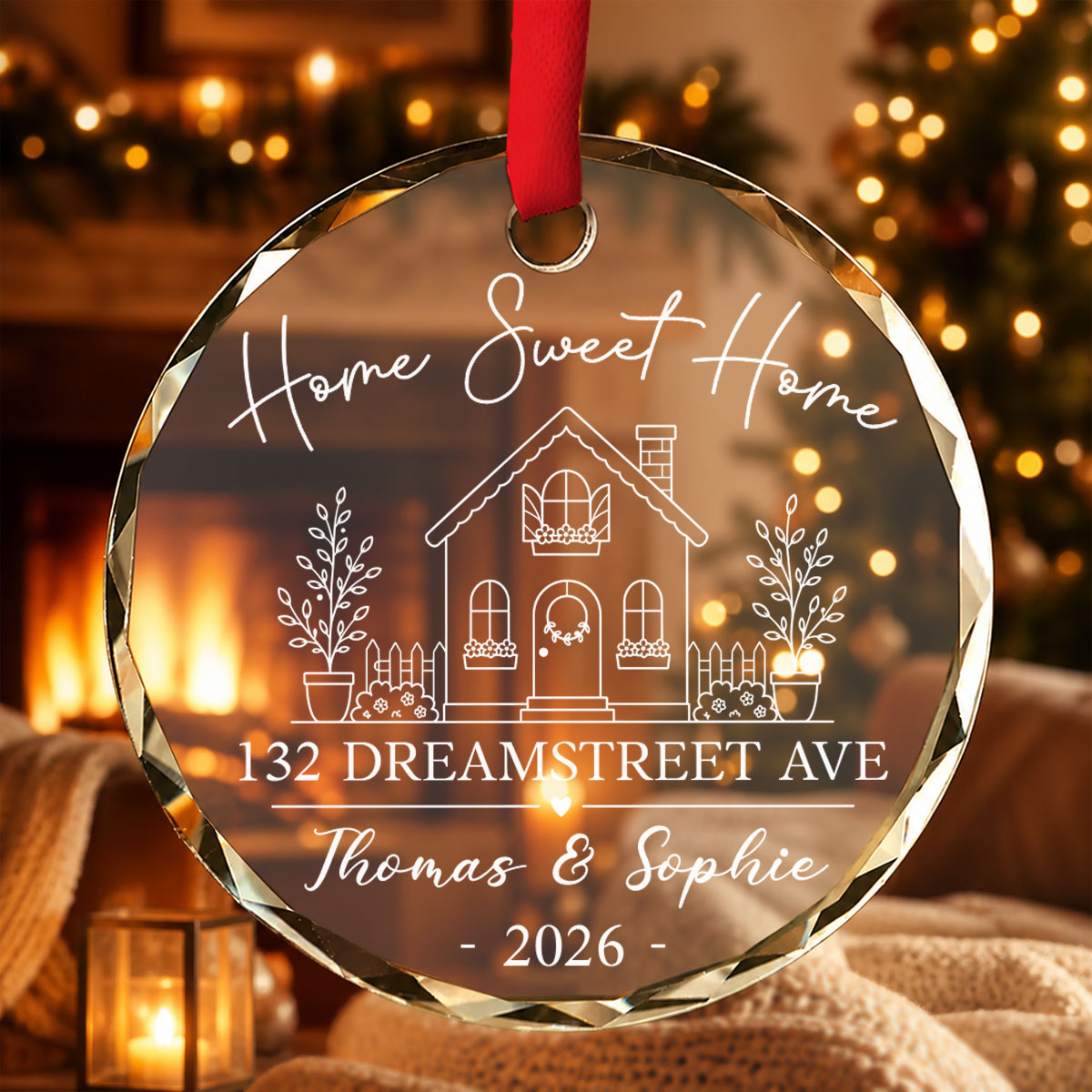 Custom Couple Christmas Ornament, Anniversary Gift •  Home Sweet Home - Personalized Glass Ornament