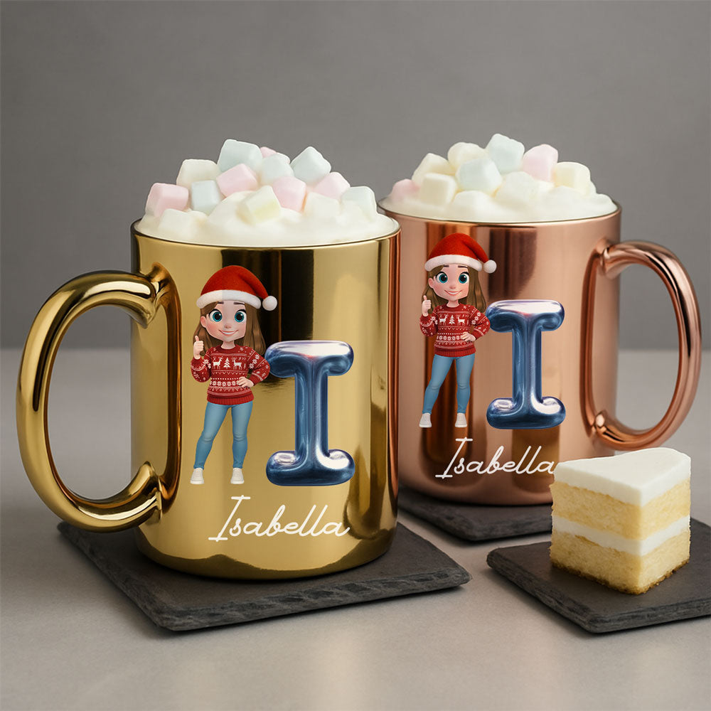 Custom Best Friend, Christmas & Birthday Friendship Keepsake Gift • Glitter Alphabet Cartoon - Personalized Metallic Mug