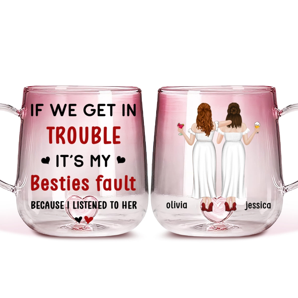 Custom Best Friend, Christmas & Birthday Friendship Keepsake Gift • Besties Fault - Personalized Pink Gradient Glass Mug