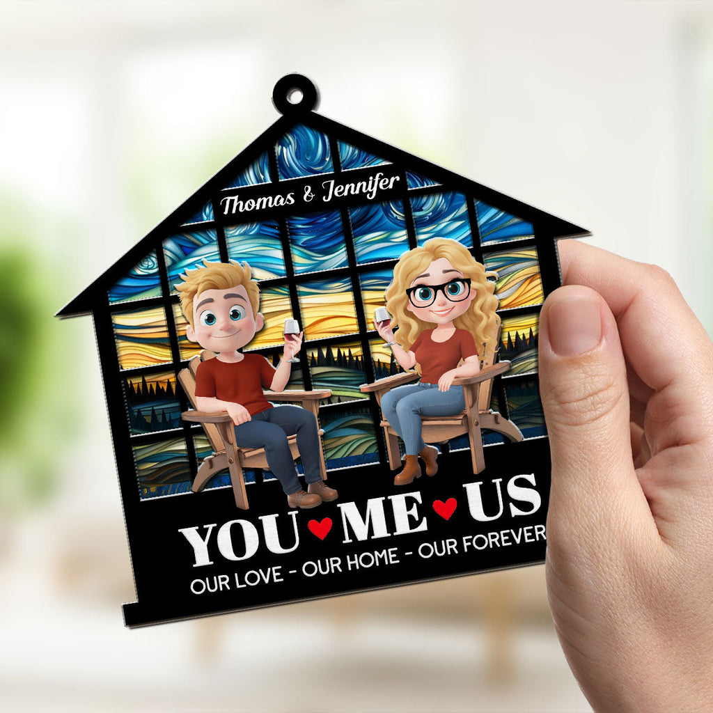 Custom Couple Hanging Decor, Anniversary Valentine's Day Gifts • Home Begins With Our Love - Personalized Suncatcher