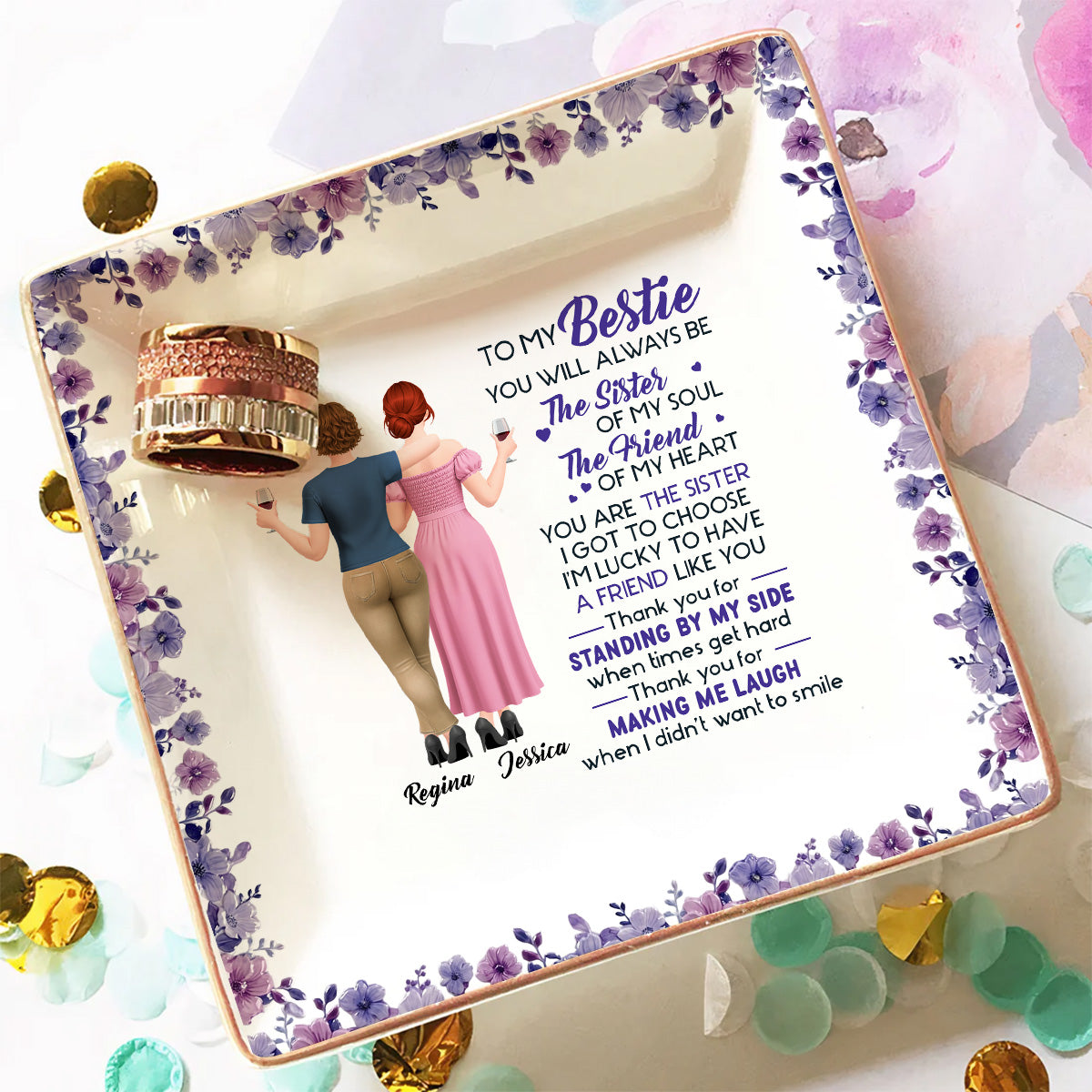 Custom Bestie Trinket Dish, Birthday Christmas Gift For Best Friend • Sister Of My Soul - Personalized Jewelry Dish