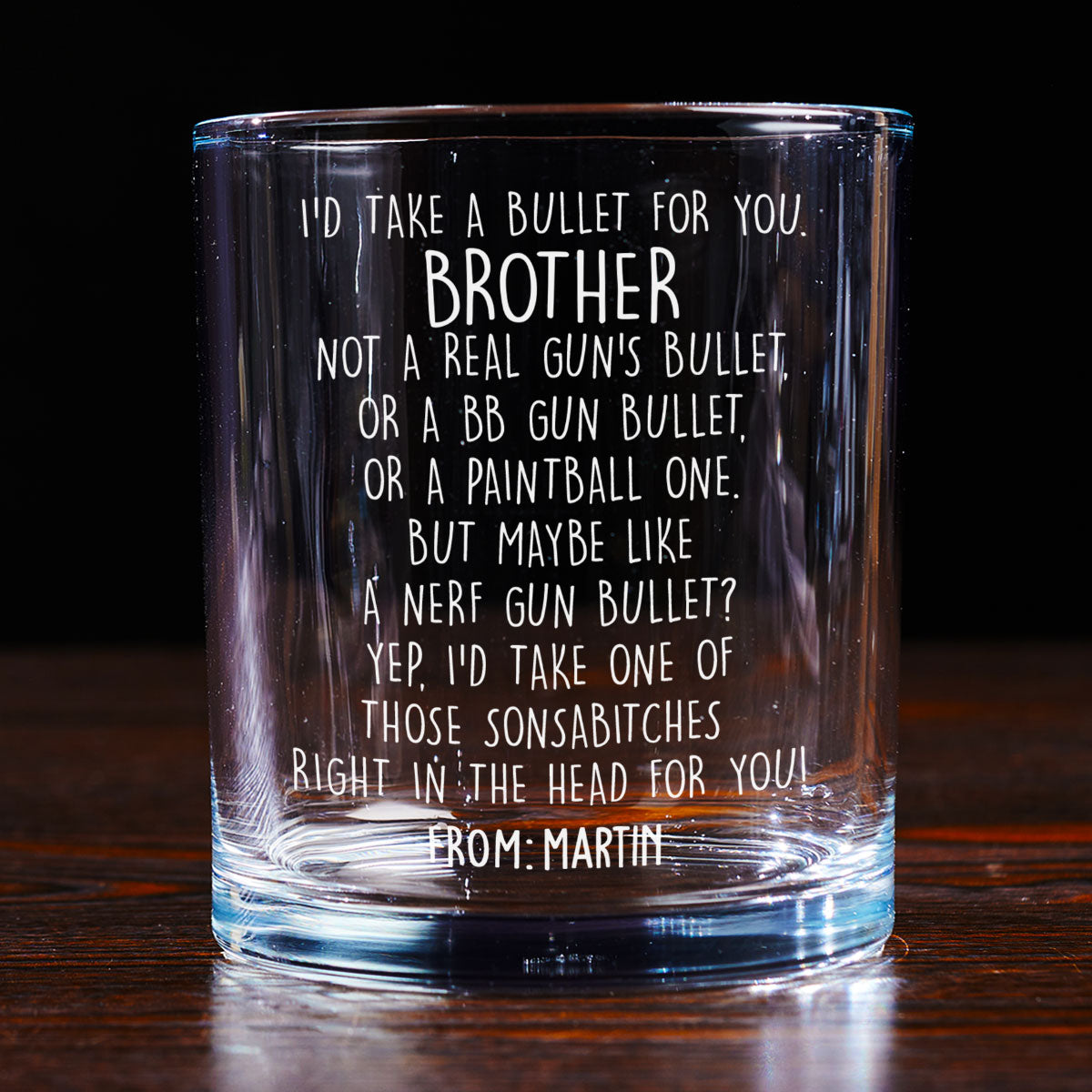Custom Christmas Birthday Drinkware Gifts for Brother • Right In The Head For You - Personalized Whiskey Glass