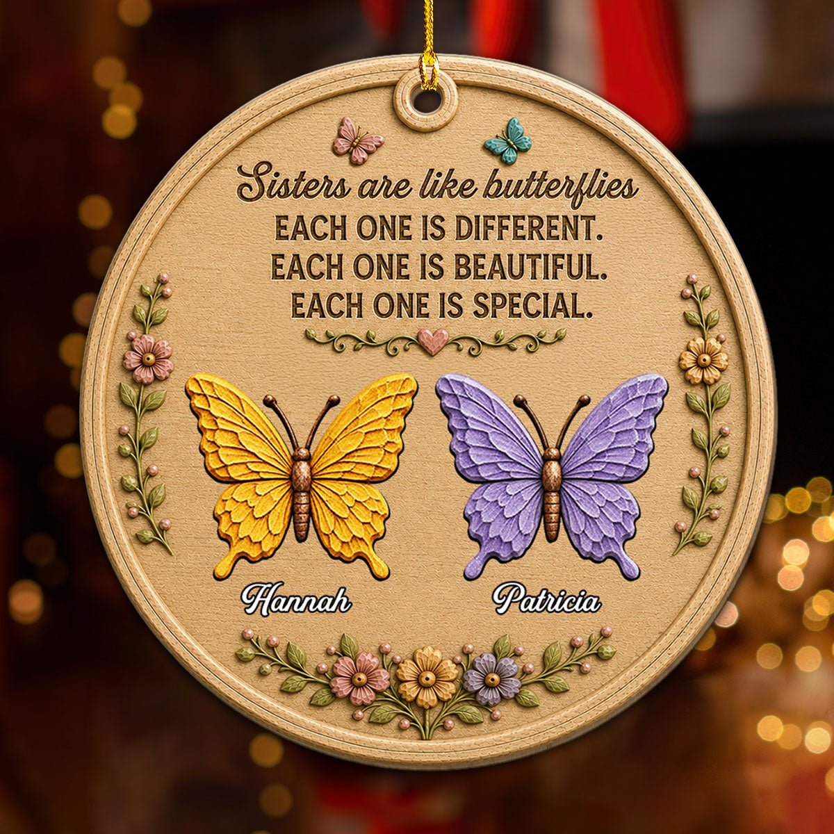 Custom Friendship Christmas Ornament, Best Friend Gift •  Sisters Are Like Butterflies - Personalized Wood Ornament