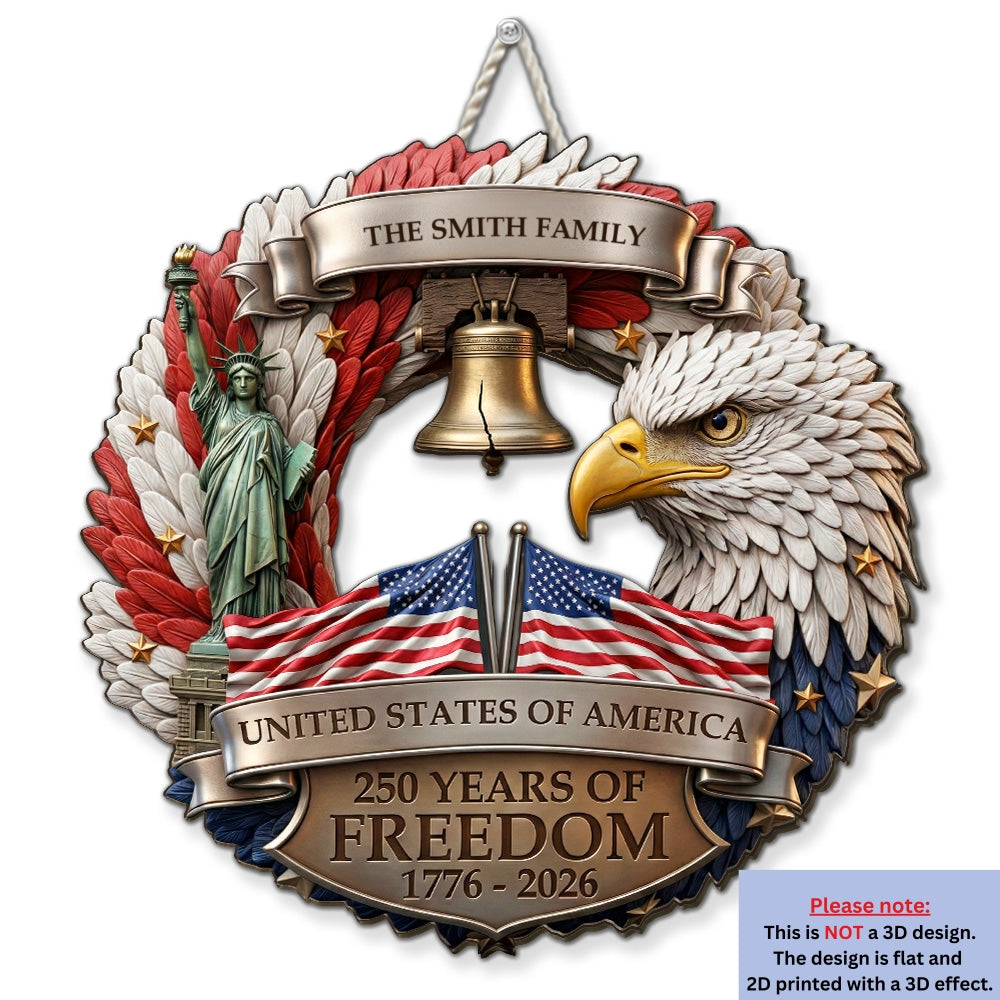 Custom Family Patriotic Hanging Decor, 4th of July • 250 Years Strong Together - Personalized Wood Sign