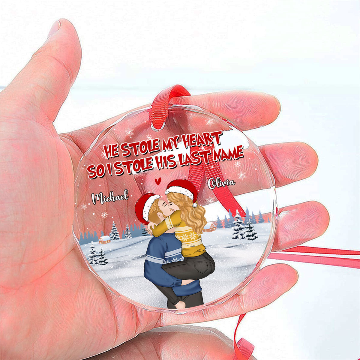 Custom Couple Christmas Ornament, Anniversary Gift •  You Stole My Heart - Personalized Glass Ornament