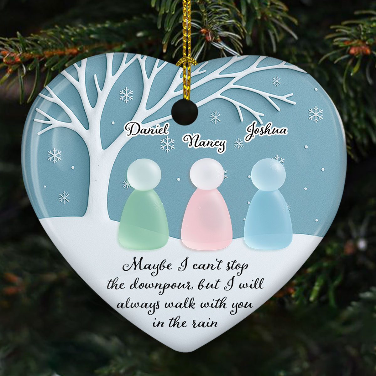 Custom Friendship Christmas Ornament, Best Friend Gift •  Walk With You In The Rain Sea Glass - Personalized 3D Effect Heart Ceramic Ornament