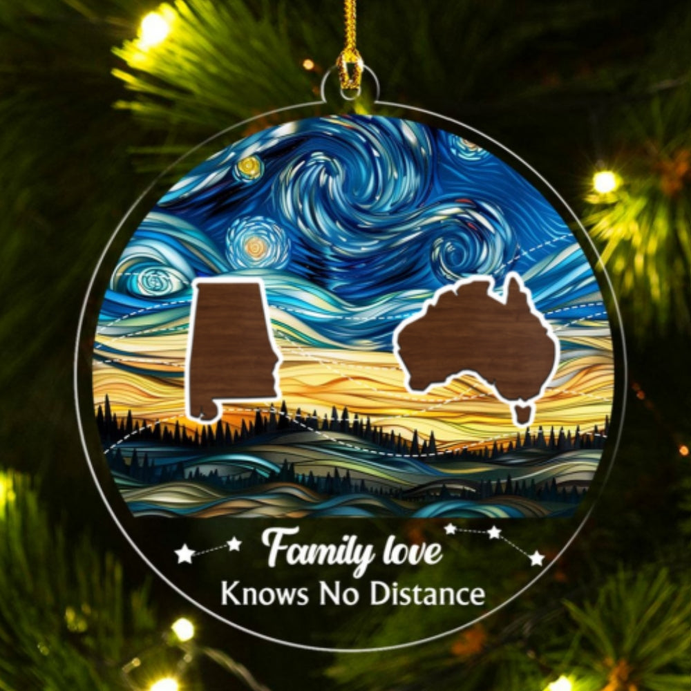 Custom Family Christmas Ornament for Long Distance Families •  Family Love Knows No Distance Version 3- Personalized Acrylic Ornament