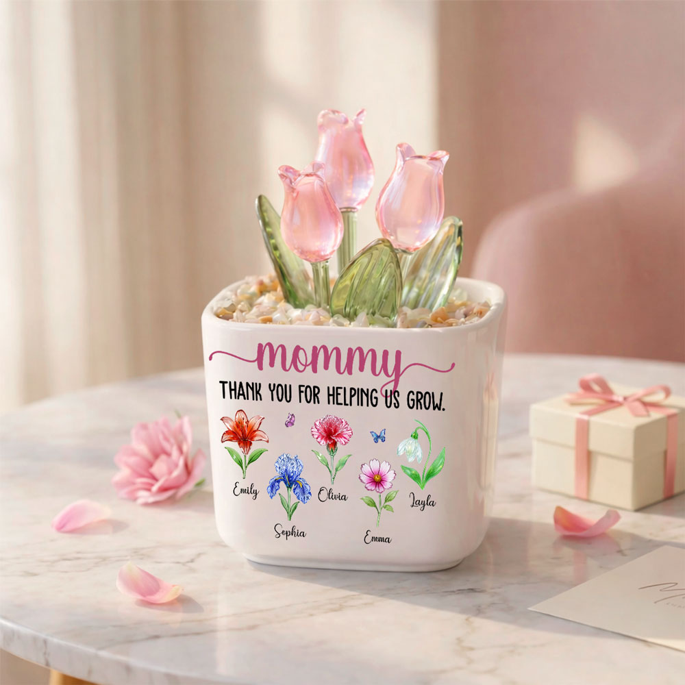 Custom Mother's Day Flower Keepsake, Glass Home Decor Gift for Mom • Thank You For Helping Me Grow - Personalized Glass Everlasting Tulips