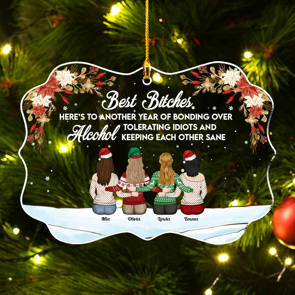 Custom Friendship Christmas Ornament, Best Friend Gift •  Here Is To Another Year Of Bonding Over Alcohol - Personalized Acrylic Ornament