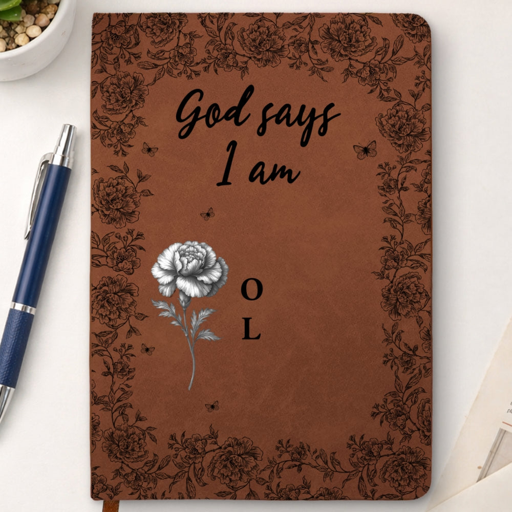 Custom Birth Flower & Name In Bible Verse Notebook • God Says I Am - Personalized Leather Journal