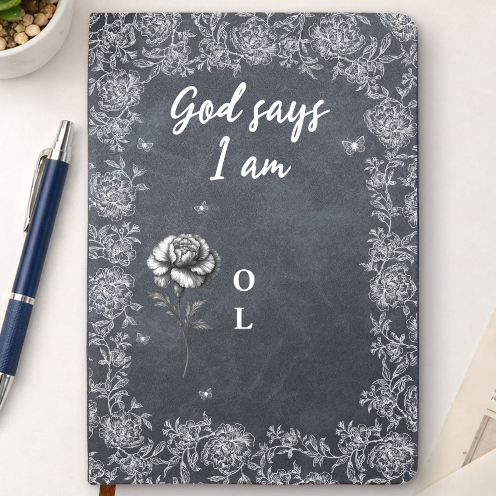 Custom Birth Flower & Name In Bible Verse Notebook • God Says I Am - Personalized Leather Journal