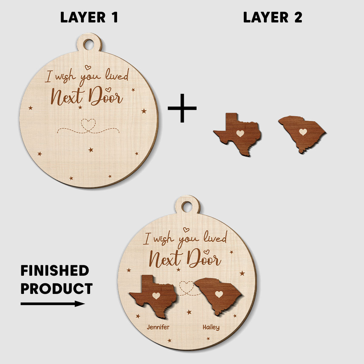 Custom Friendship Christmas Ornament, Best Friend Gift •  I Wish We Lived Closer - Personalized Freeshape 2-Layered Wood Ornament