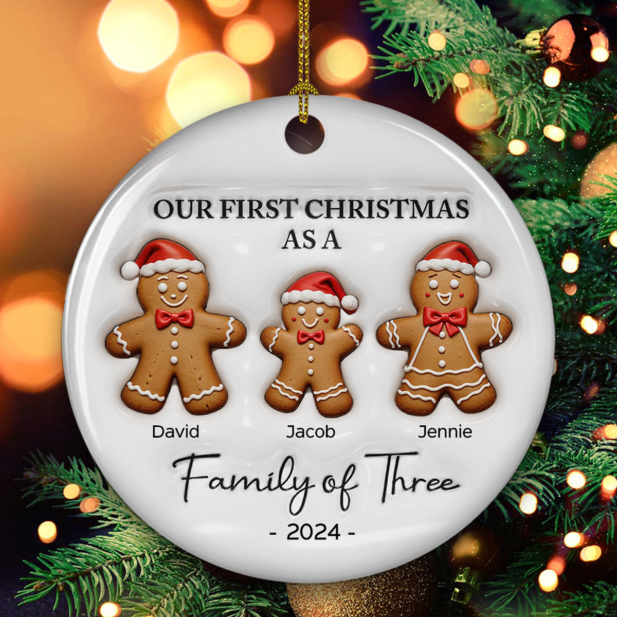 Custom Family First Christmas Ornament •  First Christmas As A Family Of Three Gingerbread - Personalized 3D Inflated Effect Ceramic Ornament