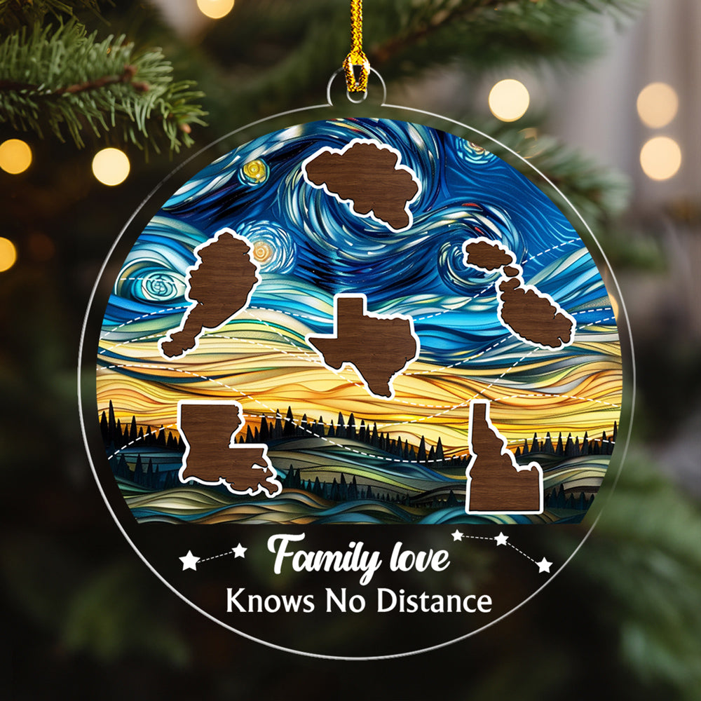 Custom Family Christmas Ornament for Long Distance Families •  Family Love Knows No Distance Version 3- Personalized Acrylic Ornament
