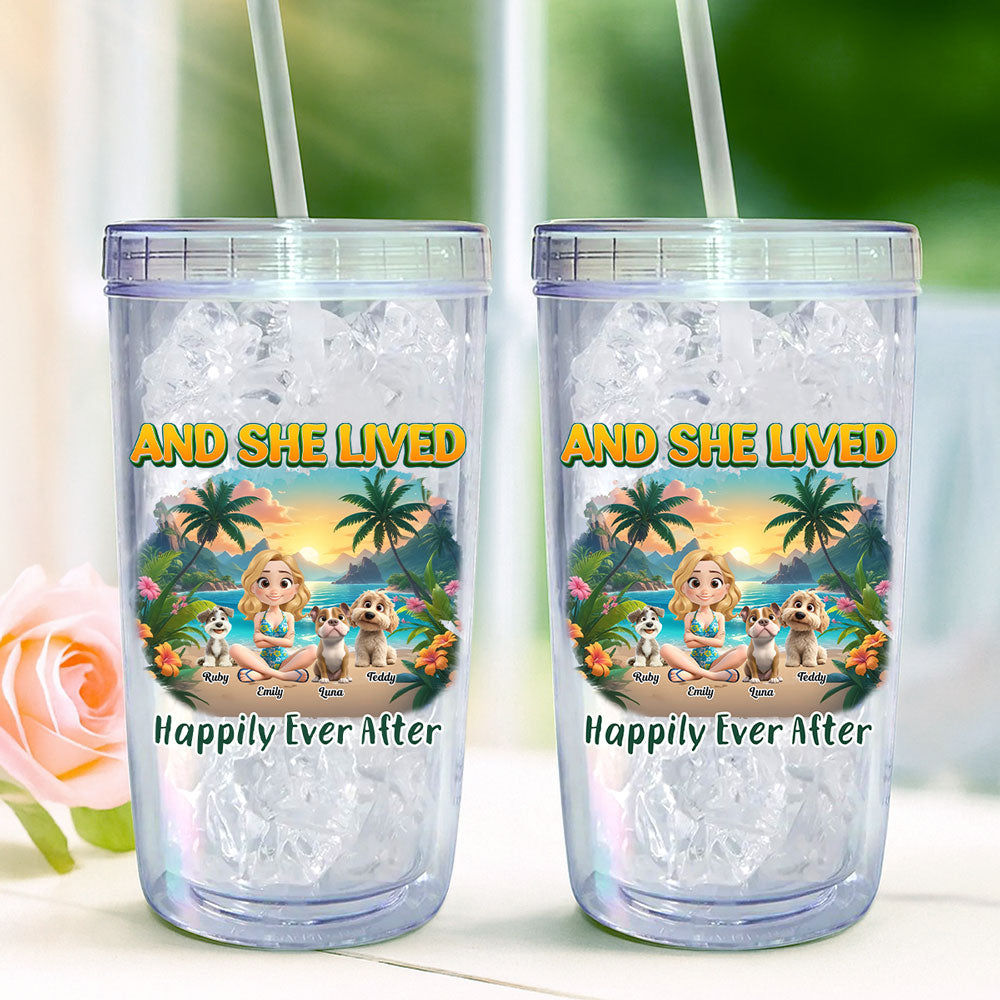 She Lived Happily With Her Dog - Personalized 14oz Plastic Tumbler