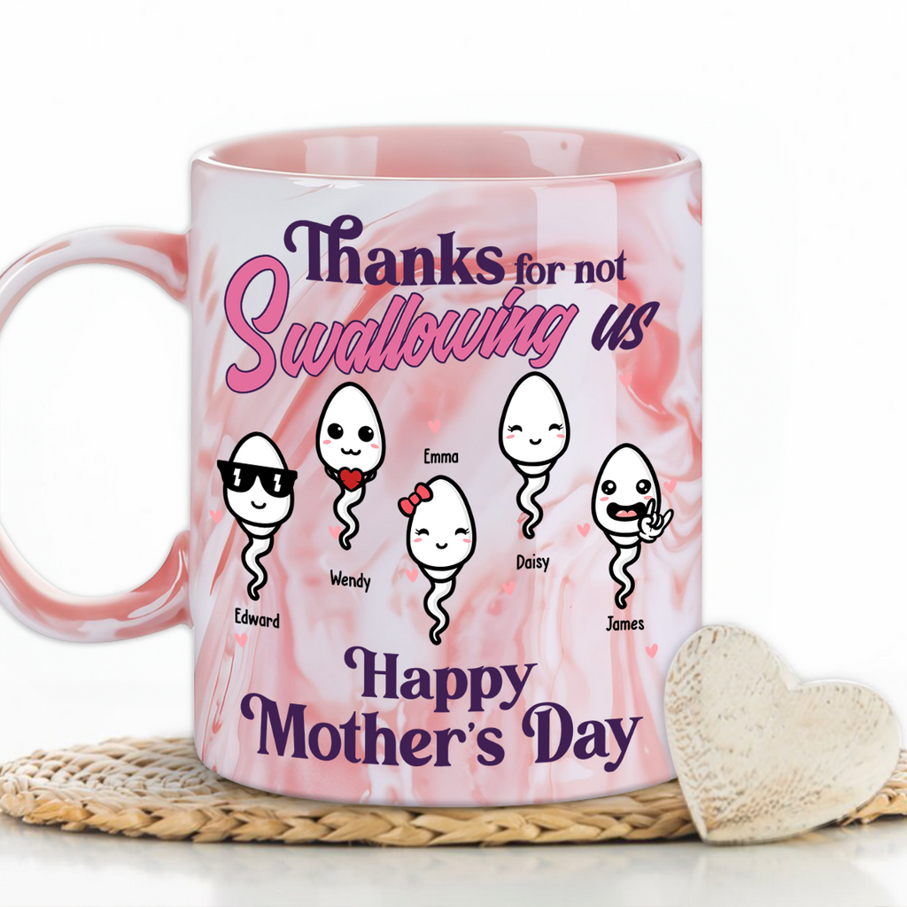 Custom Mother's Day Gift for Mom & Grandma • Thanks For Not Swallowing Us - Personalized Pink Marble Mug
