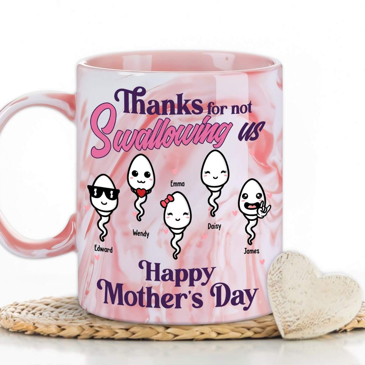 Custom Mother's Day Gift for Mom & Grandma • Thanks For Not Swallowing Us - Personalized Pink Marble Mug