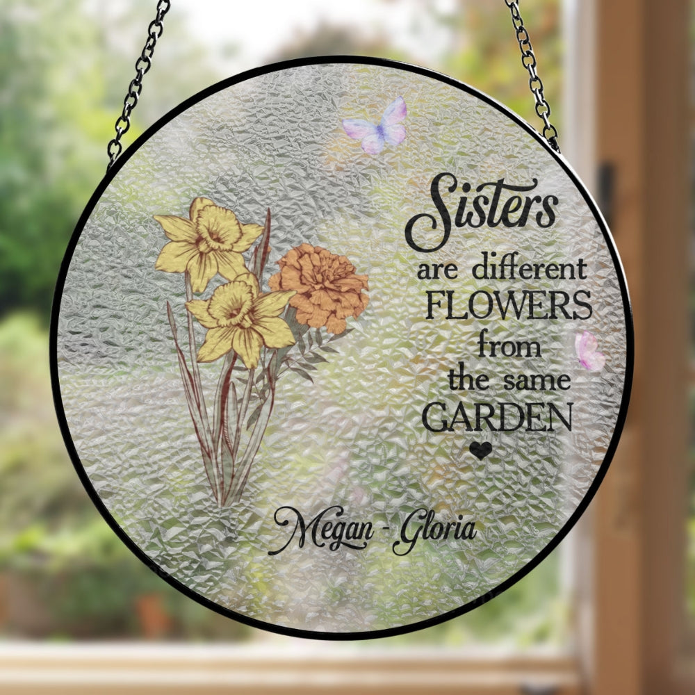 Custom Family Name Hanging Decor, Christmas Birthday Gift •  Floral Sisters Forever - Personalized Window Hanging Suncatcher