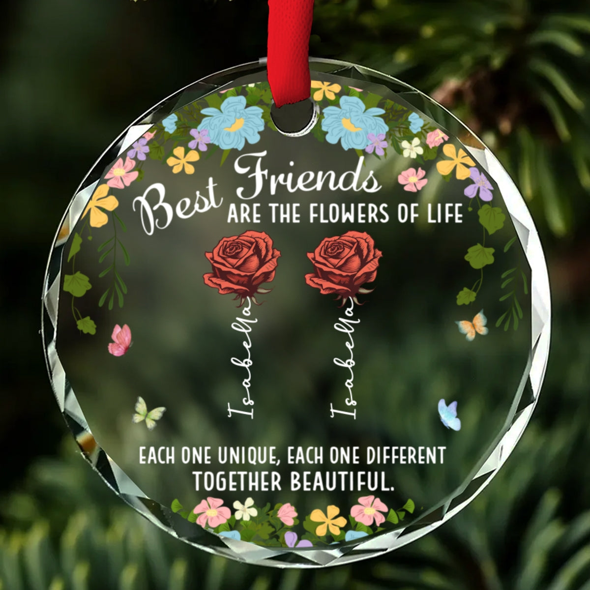 Custom Friendship Christmas Ornament, Best Friend Gift •  Friendship Blossoms In Every Heart - Personalized Glass Ornament