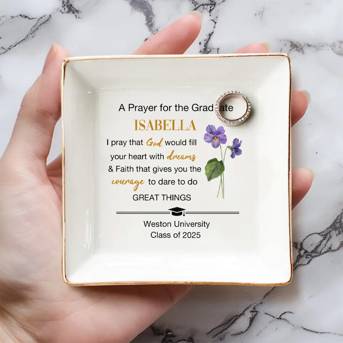 Custom Birth Flower Class of 2026 Trinket Dish, Graduation Gift For Her • A Prayer For The Graduate - Personalized Jewelry Dish