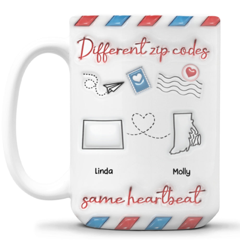 Custom Best Friend, Christmas & Birthday Friendship Keepsake Gift • Different Zip Code Envelopes - Personalized 3D Inflated Effect Coffee Mug