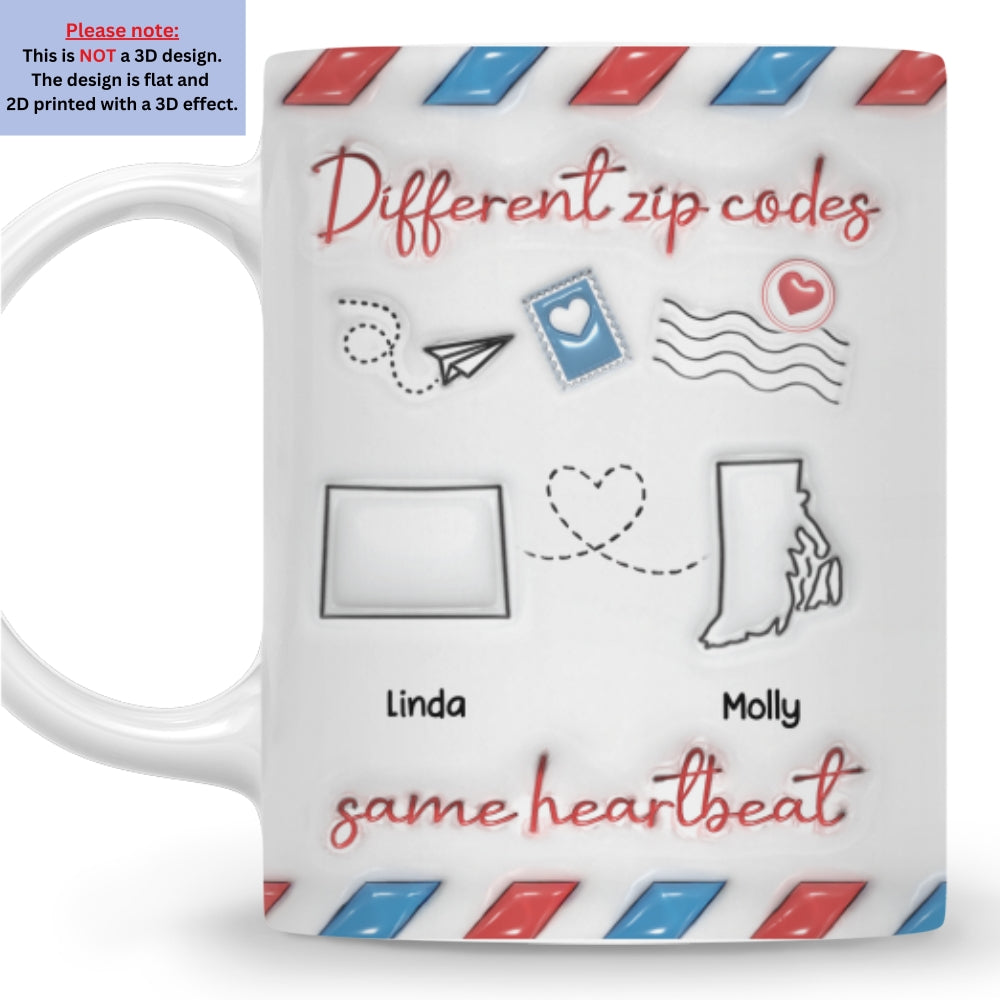 Custom Best Friend, Christmas & Birthday Friendship Keepsake Gift • Different Zip Code Envelopes - Personalized 3D Inflated Effect Coffee Mug