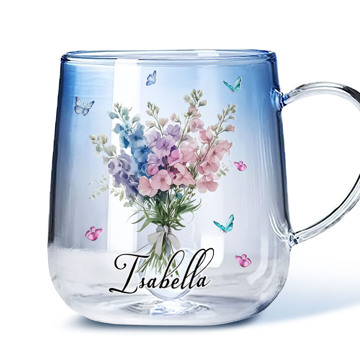 Custom Christmas & Birthday Keepsake Gift • Birthmonth Flower With Name - Personalized Blue Gradient Glass Mug