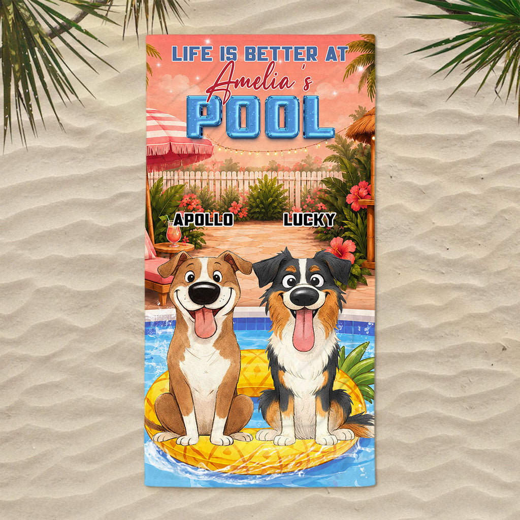 Stylized Cartoon Dog Pool - Personalized Beach Towel