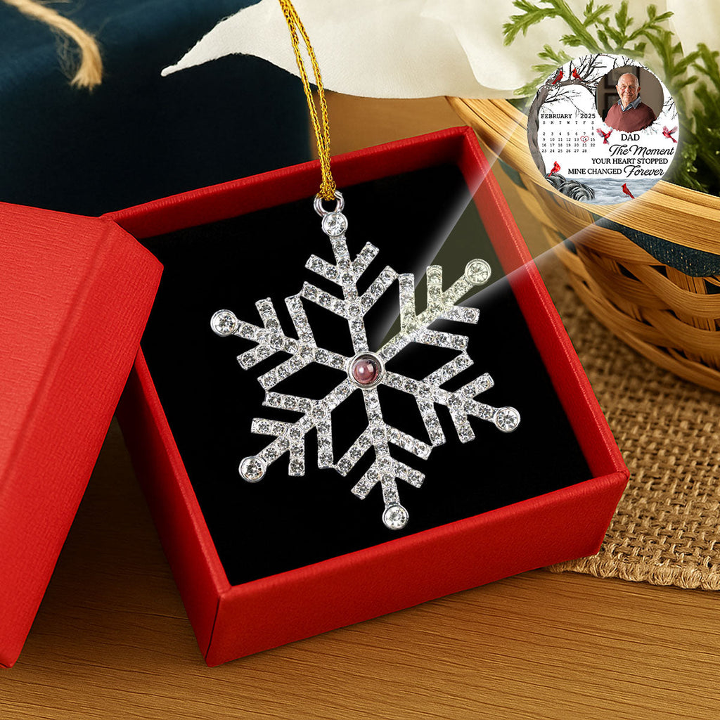 Custom Photo Memorial Christmas Ornament, Sympathy Keepsake • My Heart Changed Forever - Personalized Photo Snowflake Projection Ornament