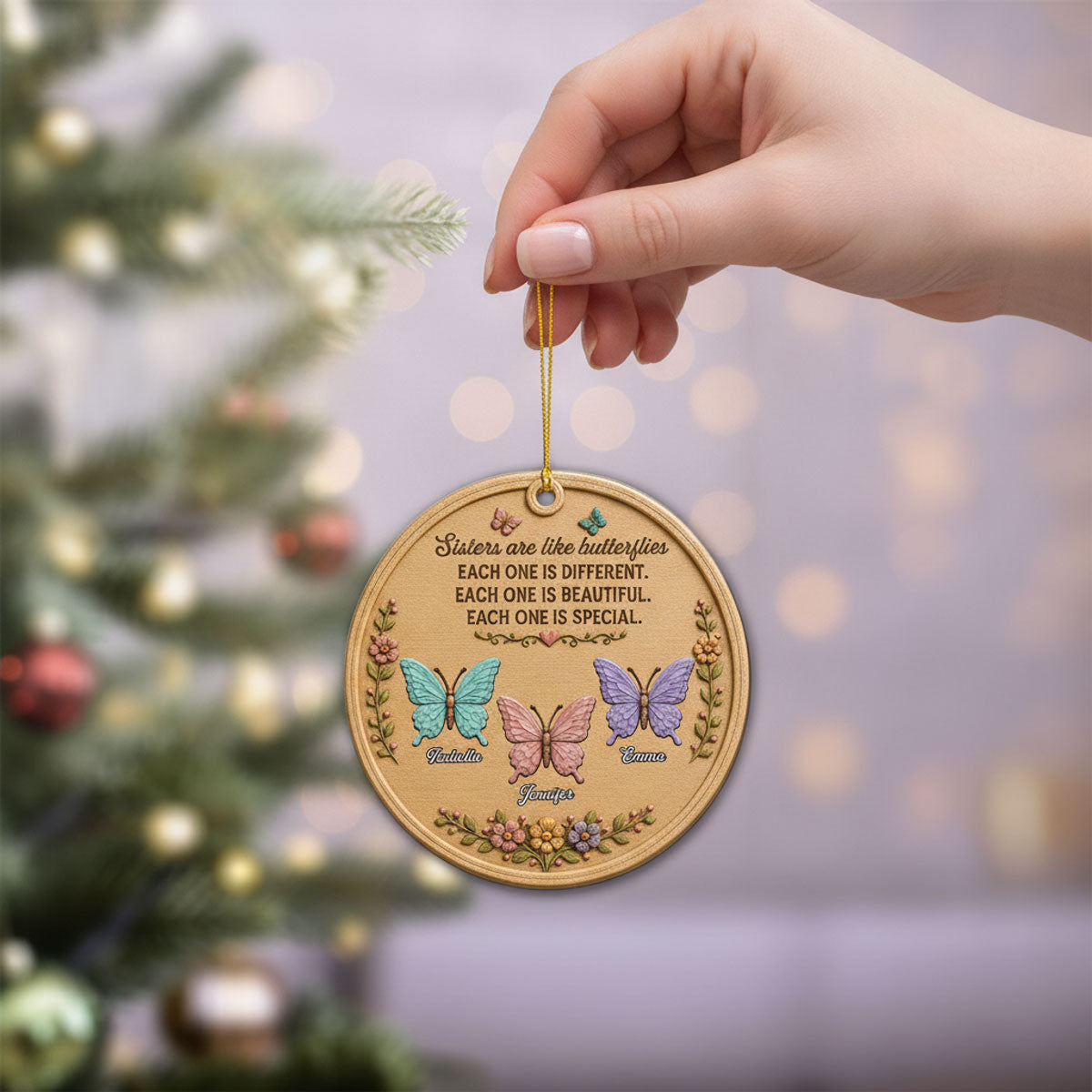 Custom Friendship Christmas Ornament, Best Friend Gift •  Sisters Are Like Butterflies - Personalized Wood Ornament
