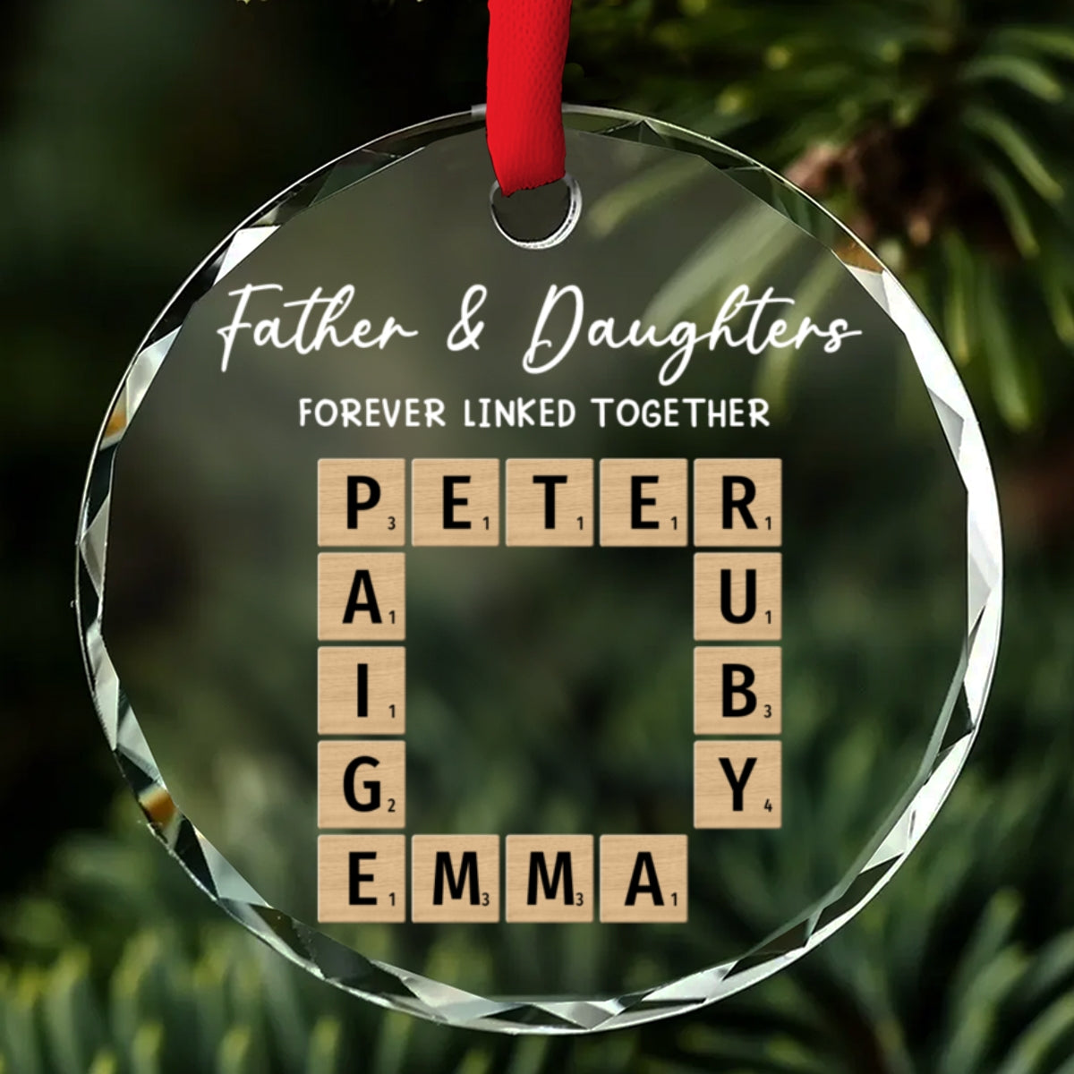 Custom Family Ornament, Christmas Gift for Family Members •  Father With Daughters Linked By Love - Personalized Glass Ornament