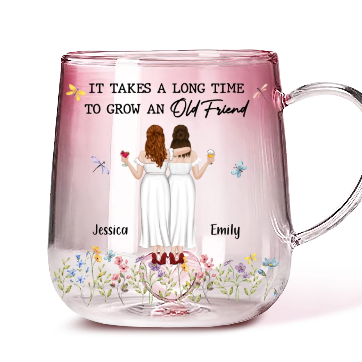 Custom Best Friend, Christmas & Birthday Friendship Keepsake Gift • It Takes A Long Time To Grow An Old Friend - Personalized Pink Gradient Glass Mug