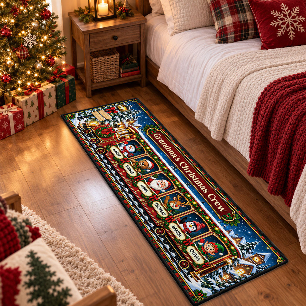 Custom Family Name Rug, Housewarming Birthday Gift For Family Members • Christmas Crew Train - Personalized Runner Rug