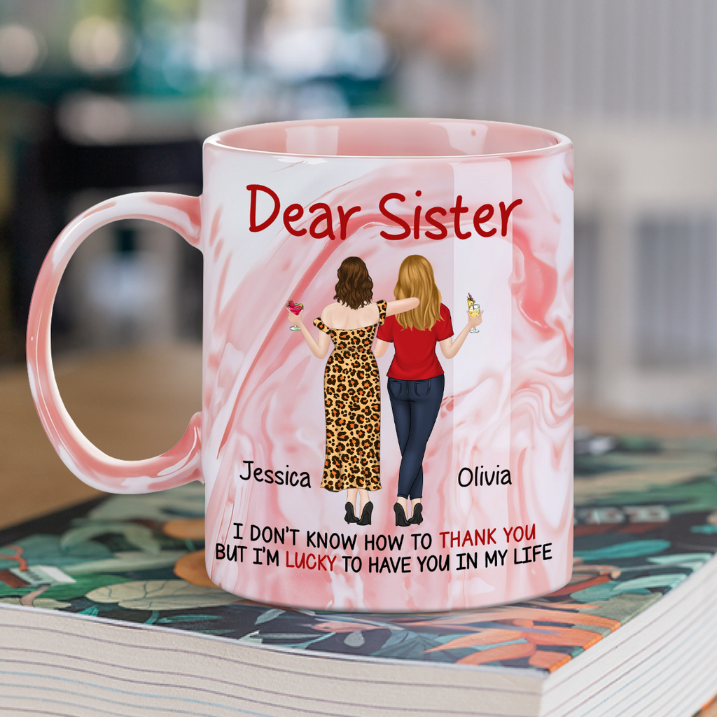 Custom Christmas & Birthday Gift for Brother & Sister • Lucky To Have You - Personalized Pink Marble Mug