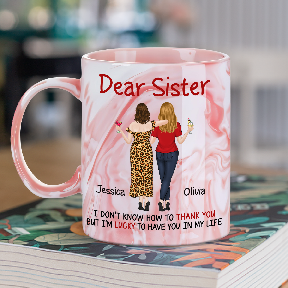 Custom Christmas & Birthday Gift for Brother & Sister • Lucky To Have You - Personalized Pink Marble Mug