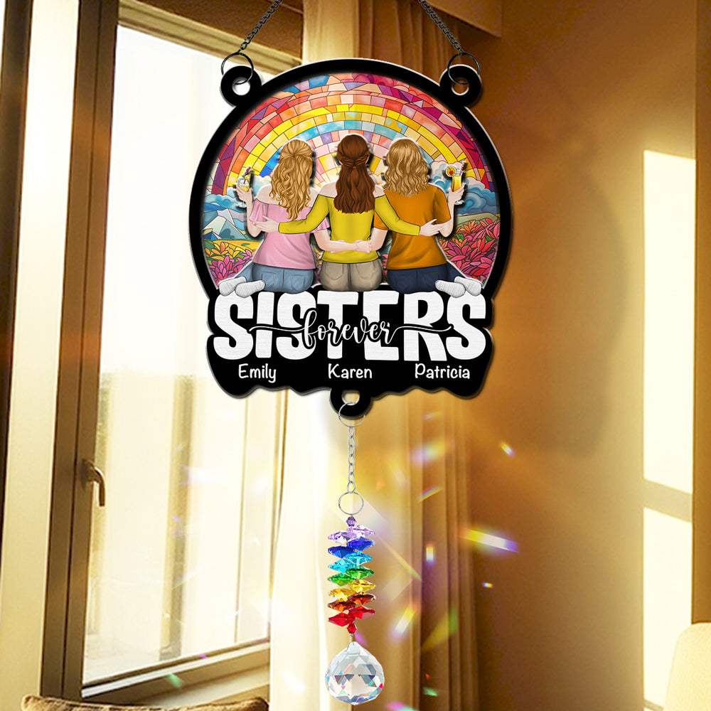 Custom Family Name Hanging Decor, Christmas Birthday Gift •  Besties Sitting Together - Personalized Suncatcher With Crystal Rainbow Charm