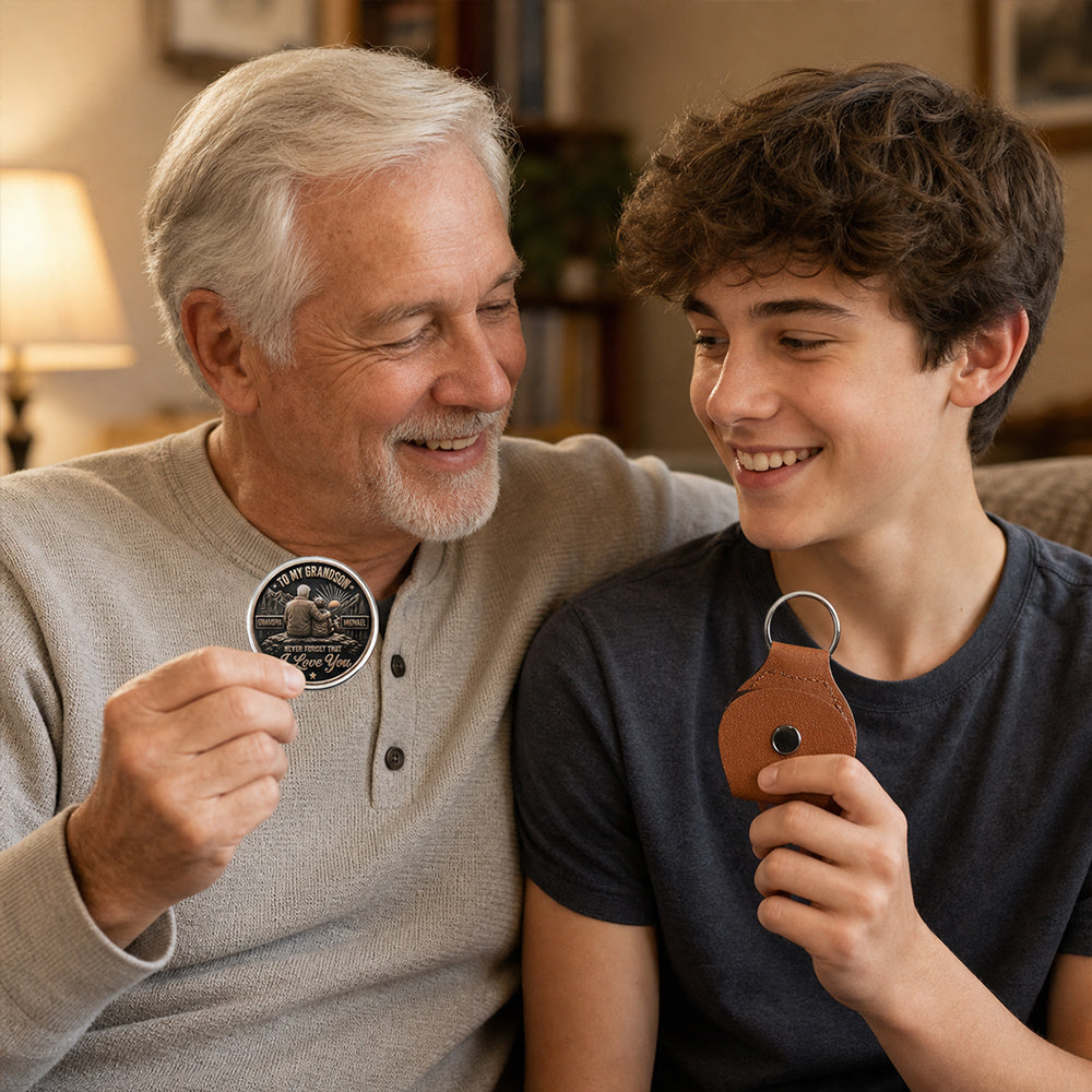 Custom Coin Keychain For Grandson Nephew, Family Keepsake • Grandpa Will Always Stand Beside - Personalized 3D Printing Pocket Hug