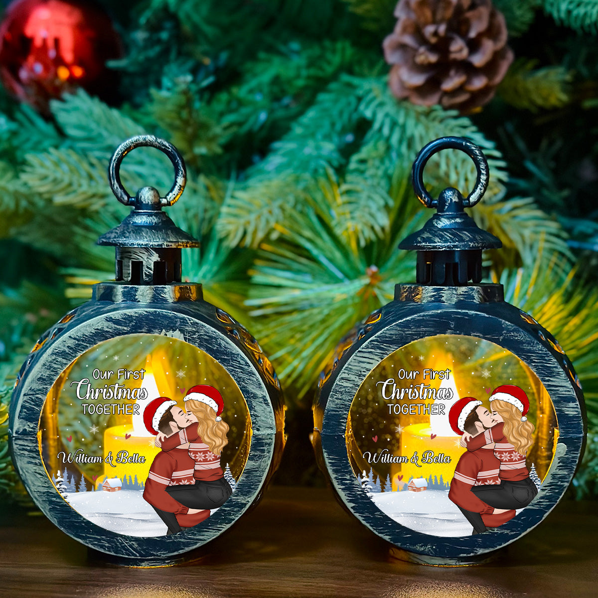 Custom Couple Christmas Anniversary Gifts, Holiday Decor • First Year Together - Personalized Christmas Lantern