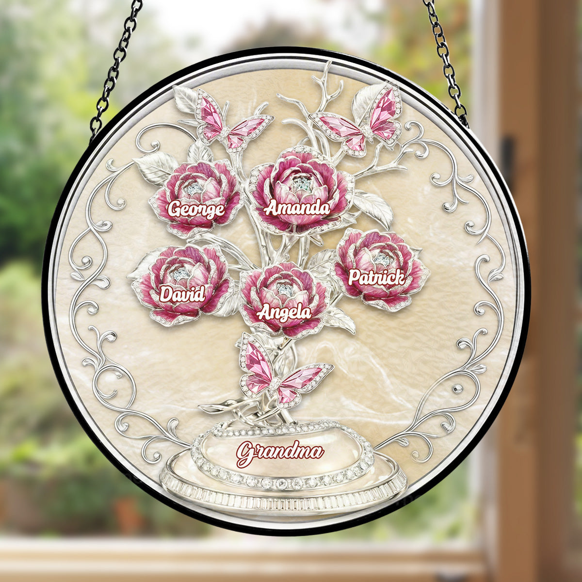 Custom Name Grandma Hanging Decor, Mother's Day Birthday Gifts • Lovely Flowers - Personalized Window Hanging Suncatcher