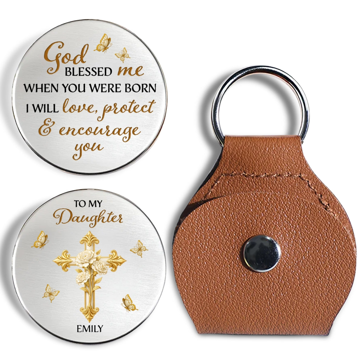 Custom Daughter Coin Keychain, Christian Gift, Faith Keepsake • God Blessed Me - Personalized Pocket Hug