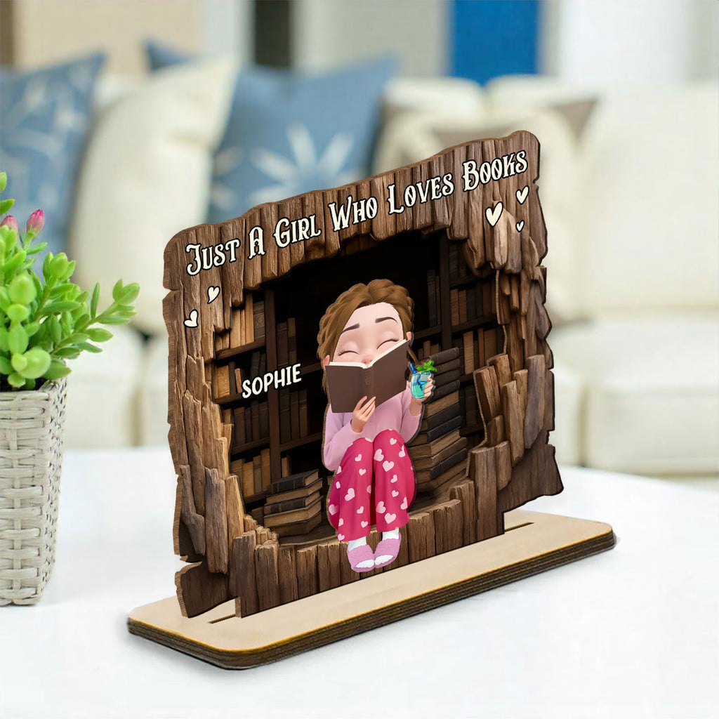 Custom Christmas Book Nook Decor For Bookworms, Book Lovers, Readers • Just A Girl Who Loves Book - Personalized 2-Layer Wood Plaque With Flat Base