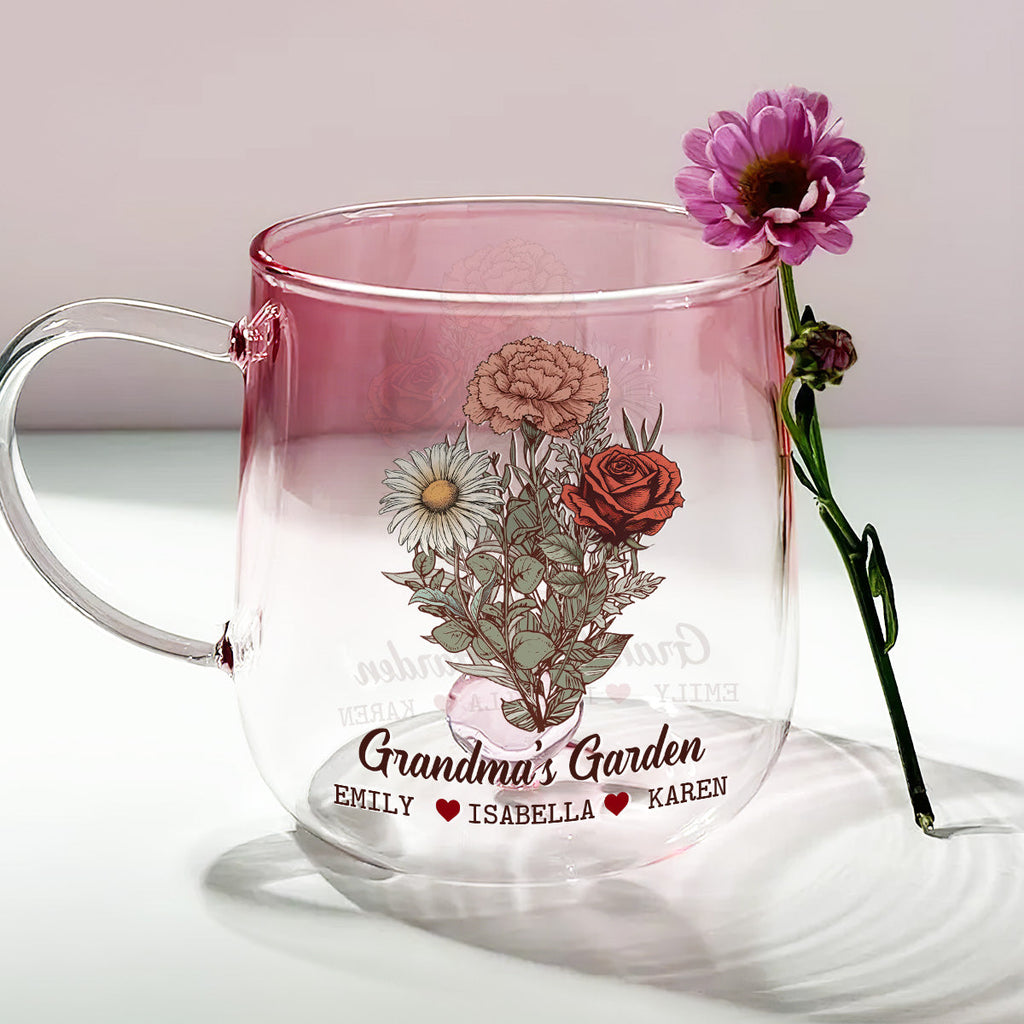 Custom Mother's Day Gift for Mom & Grandma • The Garden Of Grandma - Personalized Pink Gradient Glass Mug