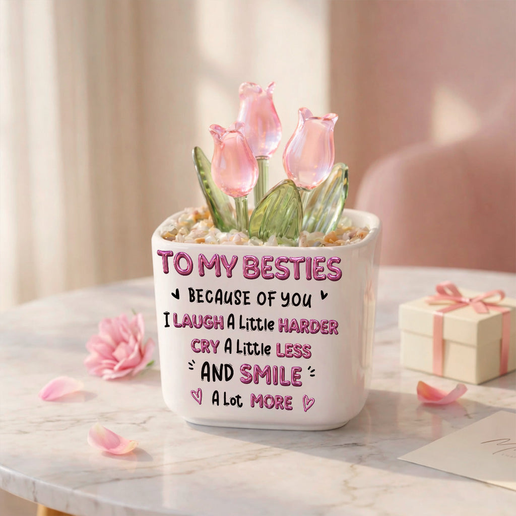 Custom Flower Keepsake, Glass Home Decor Gift for Best Friend • Smile More - Personalized Glass Everlasting Tulips