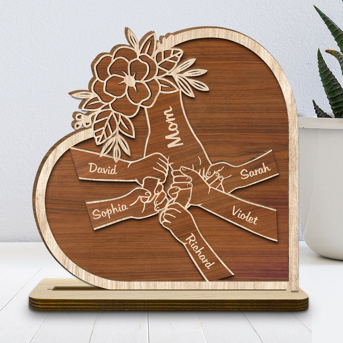 Custom Decor for Mom, Special Gift for Mother • Mom Hold Our Hand And Our Heart - Personalized 2-Layer Wood Plaque With Flat Base