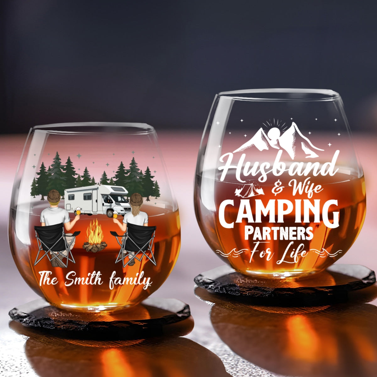 Camping Couple Husband And Wife - Personalized Wine Glass