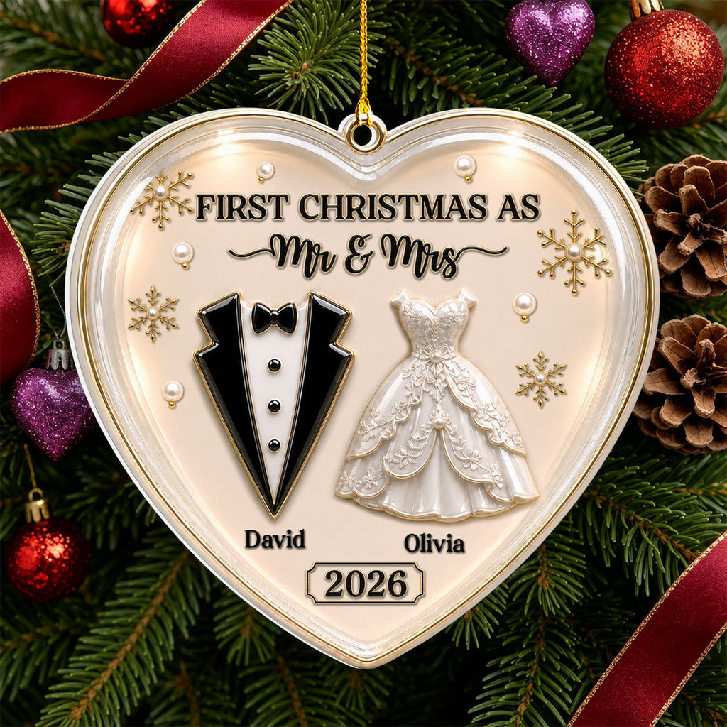 Custom First Christmas Ornament Married, Gift for Newlyweds •  First Year Together - Personalized 3D White Acrylic Ornament