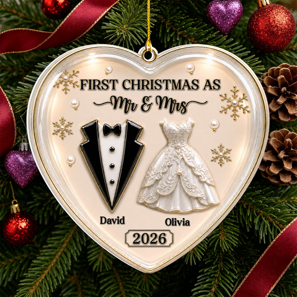 Custom First Christmas Ornament Married, Gift for Newlyweds •  First Year Together - Personalized 3D White Acrylic Ornament